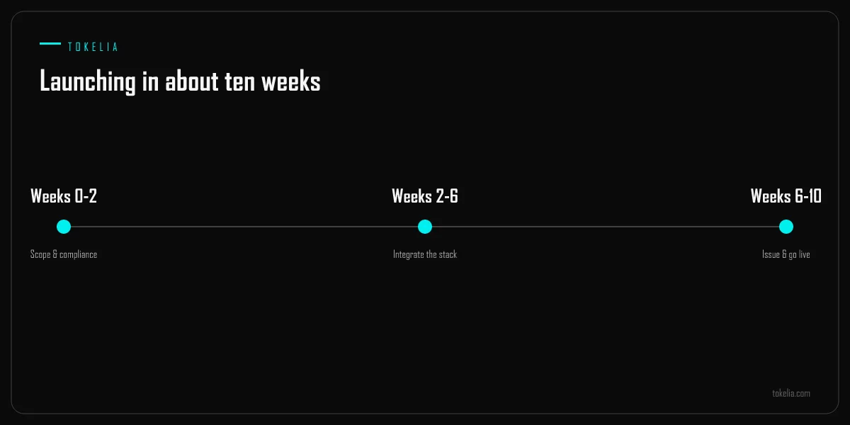 A roughly ten-week timeline to launch a tokenization platform in three phases