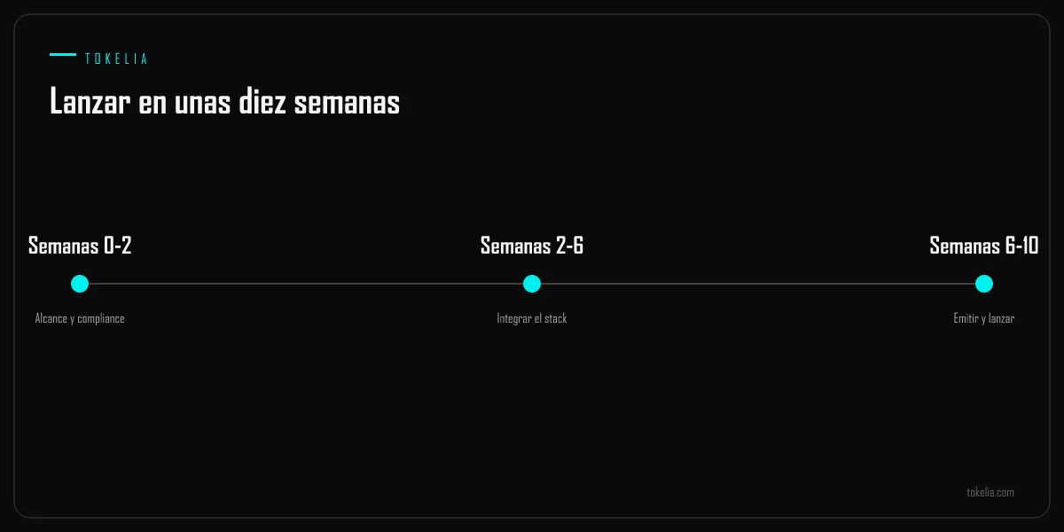Una línea de tiempo de unas diez semanas para lanzar una plataforma de tokenización en tres fases