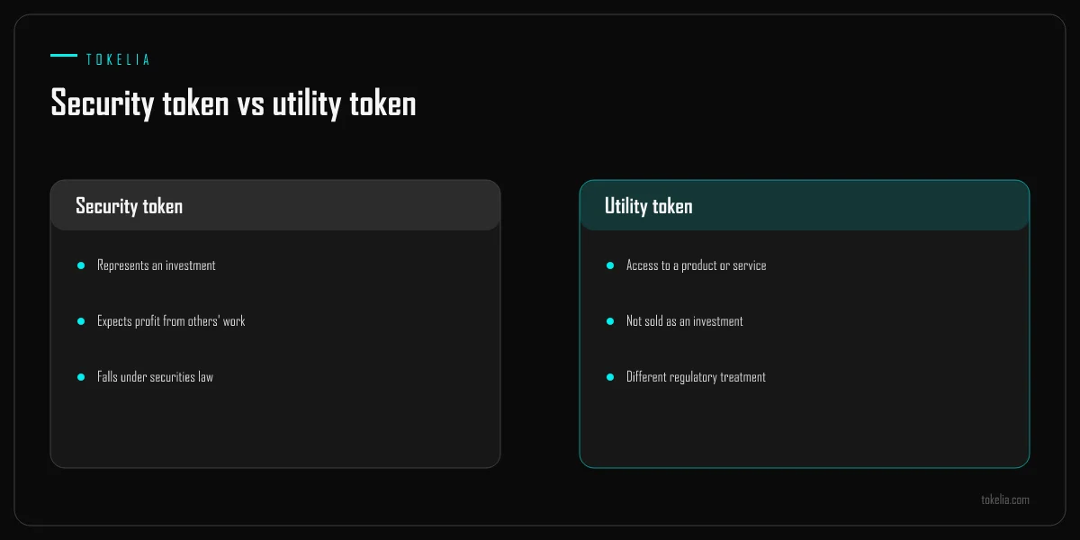 Security tokens compared with utility tokens across purpose, investment expectation and regulation