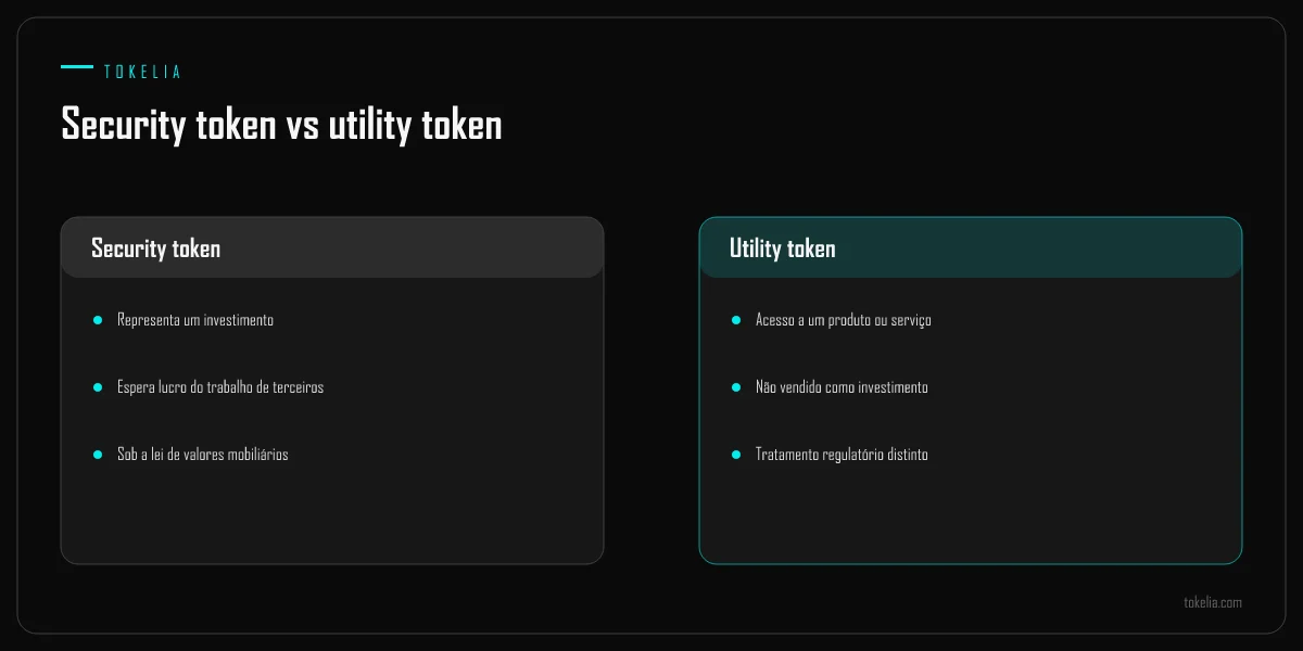 Security tokens comparados com utility tokens por propósito, expectativa de investimento e regulação